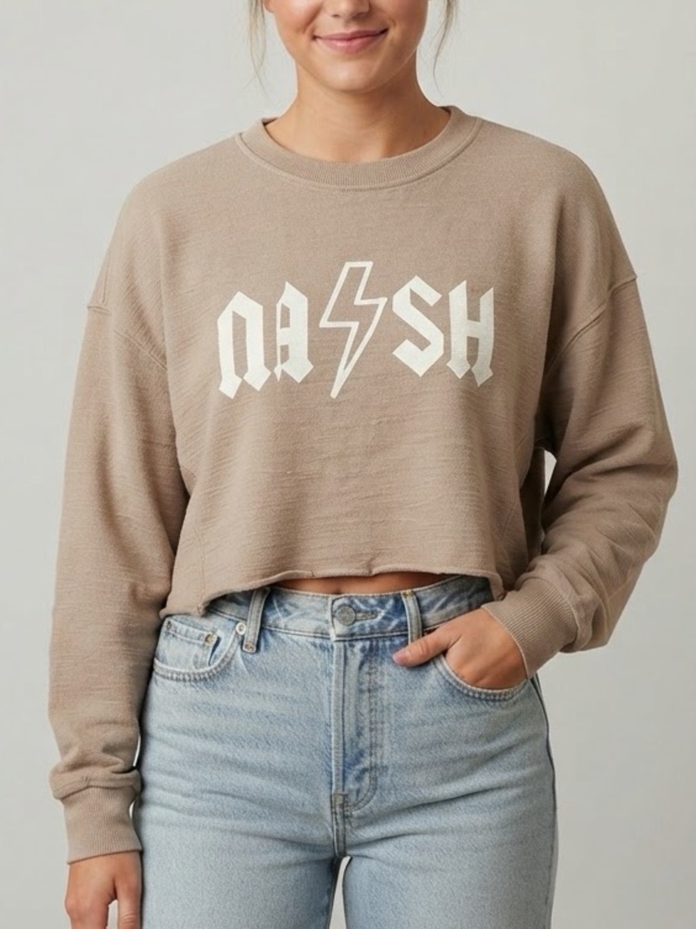 Nash Lightning Bolt Graphic Cropped Taupe Tan Sweatshirt Women’s Size Small